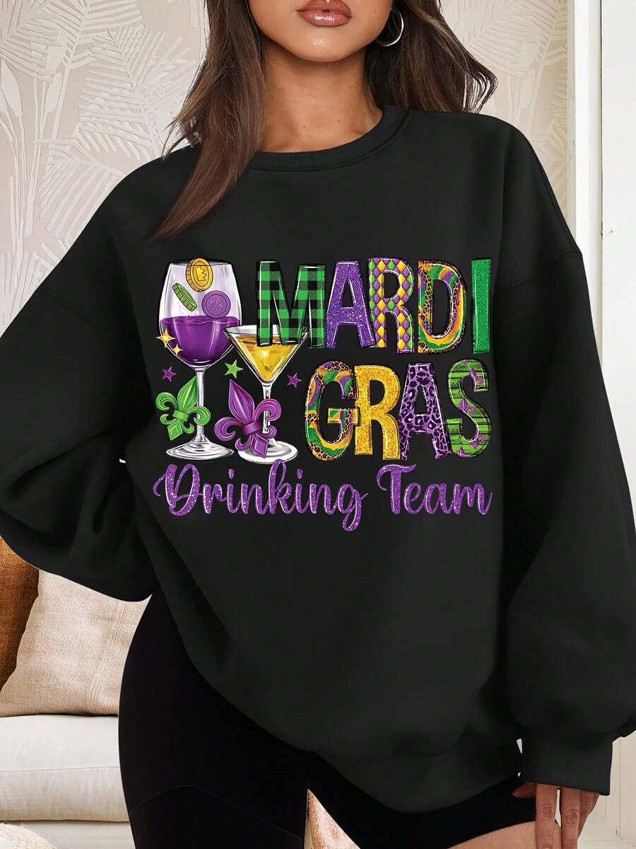 Mardi Gras Drinking Team Festive Sweatshirt Set For Women Party Outfit Carnival Costume Celebration Wear With Colorful Design And Fun Graphics Perfect For Mardi Gras Festival Events - màu đen - Xem 1