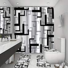 1/4 piezas Juego de cortina de ducha con estampado geométrico, cortina de baño elegante y de alta gama de fácil instalación, adecuada para la decoración del hogar, con 12 ganchos, cortina de bañera de ventana de tela de poliéster, divisor de baño, decoración de la habitación, lavable a máquina - Multicolor - Ver 9