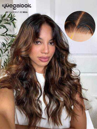 MEGALOOK #30 Highlight 6x5 Invisible Knot Pre-Trimmed Lace Wig, Highlight Colored Wavy Wig, Transparent Lace Breathable Cap Real Hair Wig - No Glue, All-Day Comfort, Natural Hairline, Invisible Wig, Daily Wear, Office, Party Styling, Y2K Cool, Vacation, Sunday Best, Cosplay, School, Holiday, Christmas, Back To School, Wedding, Halloween, Festive, Date Night, Charming Wig, Women