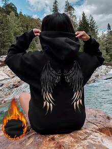 Women's Winter Wing Graphic Long Sleeved Drawstring Hoodie With Pocket ,Casual Loose And Versatile Holiday Style Tops,Fashionable Winter Women Clothes Suitable For Daily Wear - Black - View 7