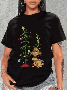 Camiseta gráfica de árbol de perro navideño vintage para mujer - Cuello redondo casual negro, manga corta, diseño festivo, diseño festivo, tejido elástico, camisetas de Navidad - Negro - Ver 2