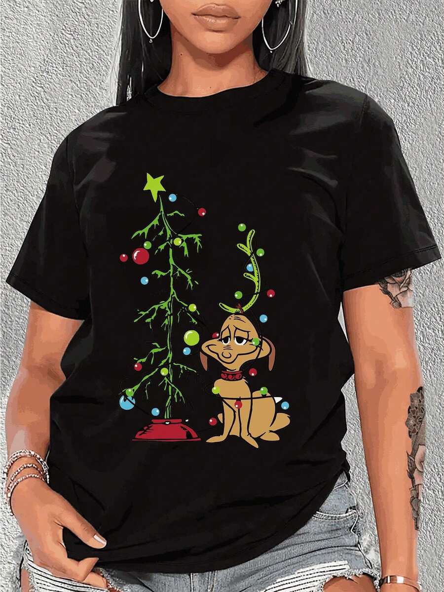 Camiseta gráfica de árbol de perro navideño vintage para mujer - Cuello redondo casual negro, manga corta, diseño festivo, diseño festivo, tejido elástico, camisetas de Navidad