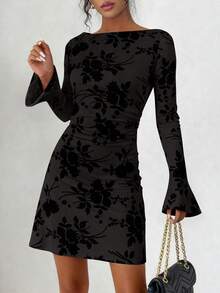 Women's Spring And Fall Fashion Floral Long Sleeve Mini Dress Mesh Bodycon Short Party Date Night Going Out Dresses Dhristmas New Years Valentine Vacation Dresses For Women - 黑色 - 查看 2