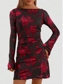 PRETTYGARDEN Women's Spring And Fall Fashion Floral Long Sleeve Mini Dress Mesh Bodycon Short Party Date Night Going Out Dresses Dhristmas New Years Valentine Vacation Dresses For Women - 黑底紅花 - 查看 4
