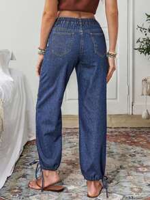 Women's Plain Casual Washed Drawstring Hem Jeans With Pocket - 彩色 - 查看 2