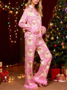 Women Y2k Silk Satin Christmas Pajamas Sets Xmas Tree/Santa Claus Print Plush Trim Long Sleeve Sleepwear Holiday Print Two Piece Pjs Pants PJs Set Loungewear - 粉色 - 查看 7