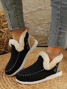 Women's Fluffy Flat Slip-On Sneakers, Comfortable With Warm Fuzzy Lining, Casual Cozy Shoes For Winter - Black - View 4