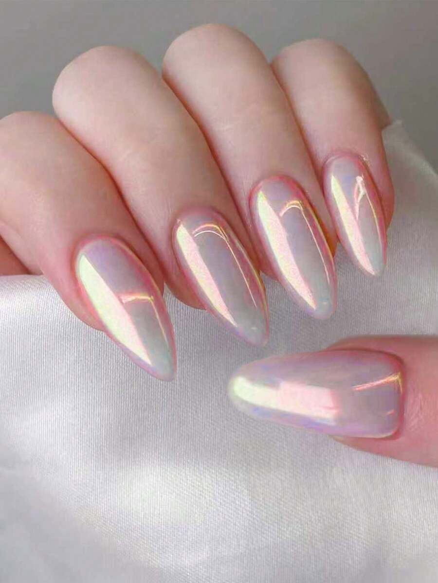 24片/套 Y2K 长杏仁银色魔法金属铬闪亮中号杏仁按压式美甲贴纸，全息指甲粉炫彩美人鱼镜面闪粉珍珠极光人造假指甲，包含1瓶果冻胶和1把指甲锉。银色和铬色美甲贴纸会让你的指尖闪耀动人，非常适合女性和女孩日常工作和参加锐舞派对。 - 彩色 - 查看 1