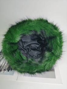 1pc Faux Fox Fur Bucket Hat, Faux Mink Fur Thick & Fashionable High-End Gift Cap Winter Gear - Green Fur - View 4