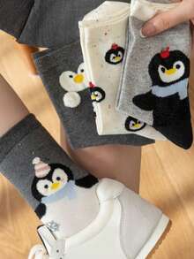 5 Pairs Women's Cute Cartoon Penguin Patterned Breathable Mid-Calf Socks, Fashion & Comfy