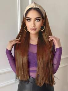 Peluca con diadema larga y recta de 26 pulgadas para mujer con diadema de cuero anudada en blanco - Cabello sintético resistente al calor, aspecto natural amigable para principiantes, adecuado para uso diario y ocasiones especiales, apto para todas las etnias, peluca (color de cabello: negro, marrón claro) - Multicolor - Ver 11