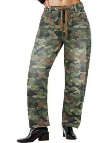 Women Mid Waist Camouflage Pants Elastic Waist Loose Casual Drawstring Pants Trousers Streetwear With Pockets - 彩色 - 查看 2