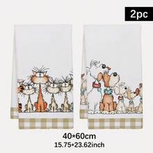 MEMNUN 2条可爱格子猫狗图案印花厨房巾，可作餐巾、手巾、抹布，尺寸为15.75*23.62英寸（40*60厘米），采用超细纤维涤纶材质，现代柔软擦拭布，厨房配件，可机洗，适用于餐厅、厨房、节日装饰和礼品，四季皆宜。 - 彩色 - 查看 2
