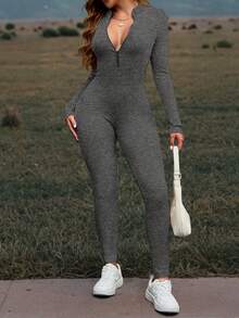 Mystra 女士休闲撞色罗纹拉链连体裤 - 深花灰 - 查看 2