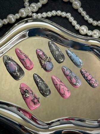 10Pcs Almond Shape Charms Gradient Metal Atrovirens Pink Blue European Retro Style Full Cover Y2K Nails Fake Set Shiny Silver Chrome Nordic Full Coverage Acrylic Press On Nails Handmade ,Bear, Star,Bow,Kit For Women And Girls Wedding Nails & 1Pc Mini Nail File & 1 Sheet Adhesive Tabs Nail Supplies Nails