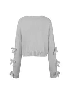 Joy Knit 女款秋冬新款針織上衣 優雅休閒極簡甜美百搭 3D蝴蝶結袖短版寬鬆圓領針織套頭毛衣 生日派對海灘節慶適用 - 灰色 - 查看 6