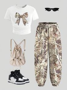 女童蝴蝶结印花短袖上衣和迷彩工装裤套装 - 白色 - 查看 2