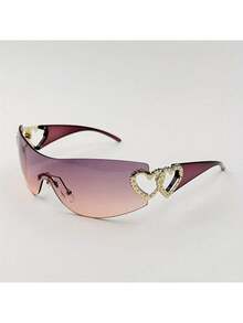 Y2K One-Piece With Heart-Shaped Decorative Frame And Wrap-Around Lenses For Women's Fashionable Eye Protection - 金紫粉紅 - 查看 4
