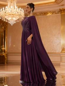 DELLA COUTURE Luxury Purple Bohemian A-Line Round Neck Long Evening Gown Fashion Prom Dress With Beaded Short Sleeves Designed For High-End Proms, Banquets, Parties, And Other Formal Occasions - Purple - View 9