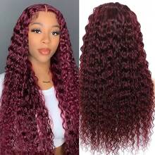 ownvmor 99j Burgundy Lace Front Wigs Human Hair 20 Inch Deep Wave Lace Front Wigs Human Hair Pre Plucked Red Curly Human Hair Wig 5x5 HD Colored Frontal Wet And Wavy Loose Deep Wave - 酒紅色 - 查看 10
