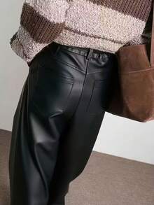 Melard PU 皮革阔腿裤，休闲复古风，通勤时尚之选。 - 黑色 - 查看 2