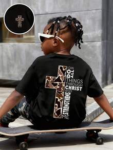 Young Boy Cross Print Round Neck Short Sleeve Casual T-Shirt - Black - View 1