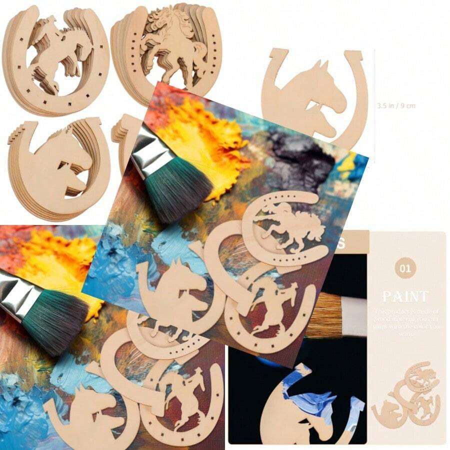 24Pcs Wood Horseshoe Cutouts Blank Horseshoe Wood Cutout Wooden Horseshoes DIY Painting Discs For Home Party Decors - 黑色 - 查看 1