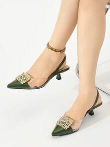 Sepatu hak rendah model slingback dengan hiasan rhinestones untuk wanita, elegan & nyaman, cocok untuk pesta formal, pernikahan, upacara di musim gugur/musim dingin, warna hijau militer, hadiah Hari Ibu. - Hijau Tentara - View 3