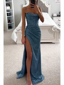 Women's Fashion Sexy European And American Hot-Selling Dress Long Gown Party Evening Dress - 藍色 - 查看 7
