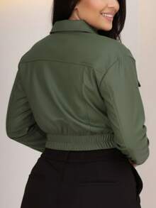 Women's Faux Leather Jacket Long Sleeve Front Pockets - 軍綠色 - 查看 2