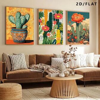 1/3张复古风格绿色植物仙人掌艺术海报，充满活力的墙面艺术画，适合装饰厨房、家庭办公室、浴室、客厅和卧室的墙面。也适用于室内和室外（不含画框）。