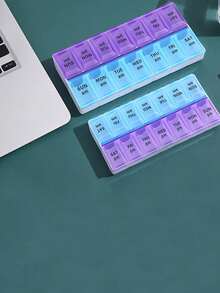 1 pièce/2 rangées 14 compartiments Boîte à pilules bleue et violette, portable et pratique. Grande capacité, étanche à l'humidité, facile à distinguer le matin et le soir. Boîte de rangement pour comprimés, capsules et vitamines avec identification en braille. Distributeur de médicaments pour 1 semaine, 7 jours AM et PM.