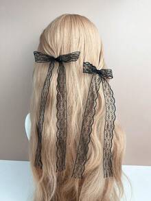 2pcs/Set Medium Long Lace Ribbon Bow Hair Clip Elegant Valentine's Day Valentines,Hair Accessories,Hair Barrettes Hair Clips Claw Clips Hair Claws, School Stuff, College, Winter Outfit For Women, Bows, Cute, Hairpin - Black - View 6
