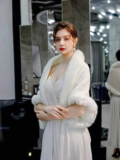 1件女士白色毛绒披肩，新娘伴娘保暖毛绒边披肩，冬季人造毛绒保暖新娘披肩，婚纱无肩带披肩，适合婚礼、派对、仪式等场合，优雅复古浪漫别致奢华外套，短款新娘婚纱披肩