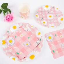 Set de tacâmuri de unică folosință în formă de floare de margaretă, 10 buc, inclusiv farfurii, șervețele și pahare, potrivit pentru 10 invitați, farfurii de hârtie de unică folosință, articole de petrecere pentru ziua de naștere, nuntă, petrecere, picnic în familie - Multicolor - Vizualizare 4