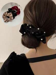 Luxurious Velvet Faux Pearl Hair Scrunchie, French Style Elegant Hair Accessory For Ponytail & Updo Hair Ties Ponytail Holders Hair Elastics Hair Rubber Bands Scrunchies Hair Rope Elastic Hair Tie, Hair Bobbles Head Accessories Elastic Band - Multicolor - View 15