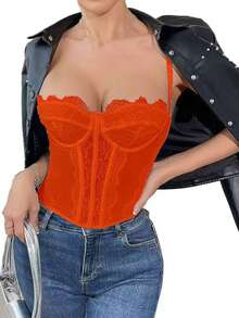 1 chiếc áo croptop ren kiểu corset, áo kiểu gợi cảm dành cho nữ dự tiệc đêm, có khóa cài. - trái cam - Xem 5