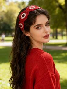 1条波西米亚风镂空针织向日葵发带，适合旅行、日常佩戴和拍照，可作发带、头巾、吸汗带、发箍，秋冬季女士度假装扮必备发饰，优雅围巾，柔软头巾。 - 彩色 - 查看 5