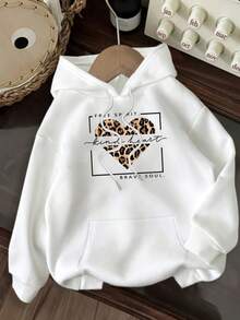 Sudadera con capucha casual para mujer con estampado de corazón de leopardo - "Free Srit", cita inspiradora, manga larga, bolsillo, blanco, ideal para primavera, otoño e invierno, sudadera casual |   Diseño de corazón de leopardo |   Ajuste cómodo - Blanco - Ver 1