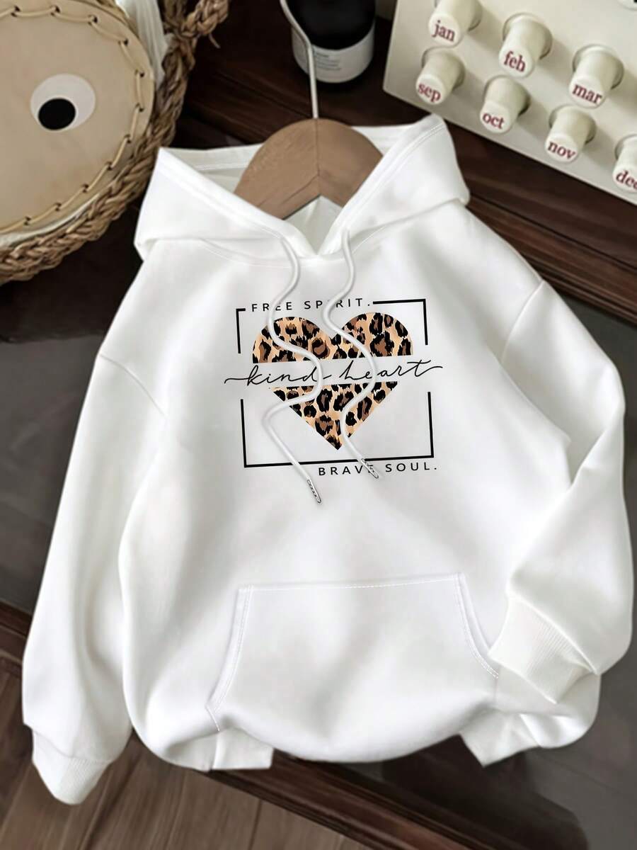 Sudadera con capucha casual para mujer con estampado de corazón de leopardo - "Free Srit", cita inspiradora, manga larga, bolsillo, blanco, ideal para primavera, otoño e invierno, sudadera casual |   Diseño de corazón de leopardo |   Ajuste cómodo - Blanco - Ver 1