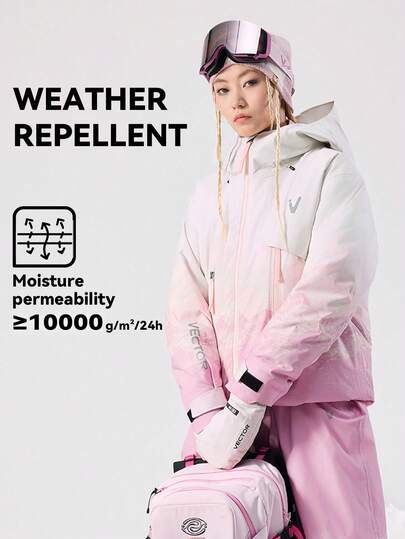 VECTOR MOTION 3L Padded Hooded Ski Jacket, Unisex, Fully Taped, Stretchy, Windproof, Warm, Durable, Breathable, For Single/Double Board Skiing Pink Winter Sports