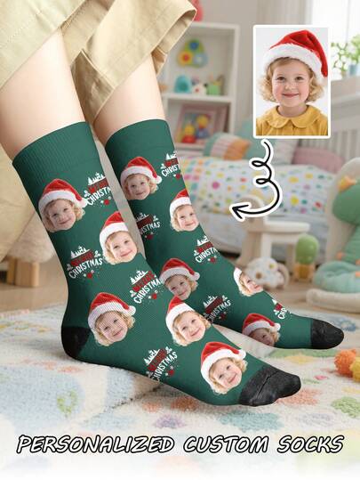 1 Pair Of Customized Face Children's Mid Tube Socks, Put Any Face On Socks,Boy And Girl, Personalized Socks For With Photos, Interesting Customized Picture Pairs With Medium To Long Socks, Suitable For Valentine's Day, Birthdays, Gift Giving