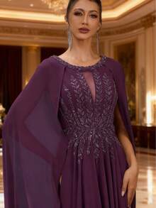 DELLA COUTURE Luxury Purple Bohemian A-Line Round Neck Long Evening Gown Fashion Prom Dress With Beaded Short Sleeves Designed For High-End Proms, Banquets, Parties, And Other Formal Occasions - Purple - View 5