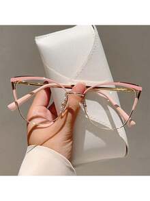 1 Pair Of Women's New Cat Eye Shaped Flat Glasses Fashionable Light Luxury Metal Frame  Retro Pink Glasses - 紅金色 - 查看 11