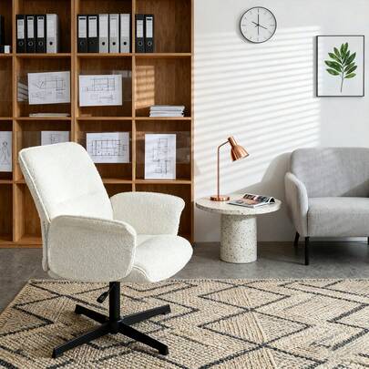 Meubles Cosy Nowoczesne krzesło biurowe dla gości, wykonane z białej tkaniny bouclé, z giętego drewna, z regulacją wysokości, obrotowe o 360°, z wyściełanymi podłokietnikami, w stylu nordyckim, do domu lub biura, 62,5 x 59,5 x 81-93 cm