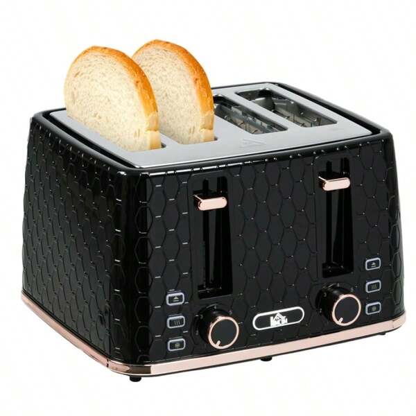 4 Slice Toaster With 7 Browning Levels, High Lift, Reheat/Defrost/Cancel, Self-Centring Function, Removable Crumb Tray, Auto Off, Black Honeycomb Texture