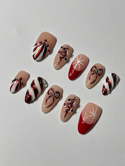 10 Stück rote mandel-förmige Weihnachts-Aufklebe-Nägel, handgemachter funkelnder Weihnachtsbaum, Schleife, Schleife, Schneeflocke, glitzernde Diamanten Fake Nägel, sanft und elegant, wiederverwendbares Winter-Nägel-Set, täglicher Gebrauch für Partys & Treffen, exquisites Geschenk für Frauen, Mädchen, Liebste & Nagel-Enthusiasten Aufklebe-Nägel Zubehör