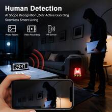 Cámara reloj inteligente, cámaras de inalámbricas WiFi de 5G y 2.4G para interiores, cámaras 2K para del hogar con comunicación bidireccional, visión nocturna a color, PTZ de 360°, detección de movimiento humano - Negro - Ver 3