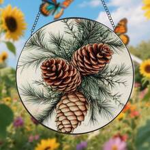 One Stained Glass Window Ornament - Pine Cones And Branches, Natural Plant Elements, A Retro Museum Illustration Style Sun Catcher, Suitable For Porch, Garden, And Home Decoration. A Beautiful Hanging Ornament, A Perfect Birthday Gift For Lovers, Ladies, Gentlemen, Fathers, Mothers, And Grandmothers To Commemorate Precious Memories. - 彩色 - 查看 4