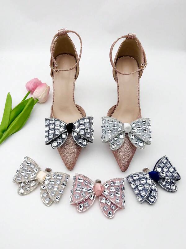 2pcs Fashionable Rhinestone Bow Detachable Shoe Clips, Suitable For Wedding High Heels Decoration, Exquisite Gift For Women